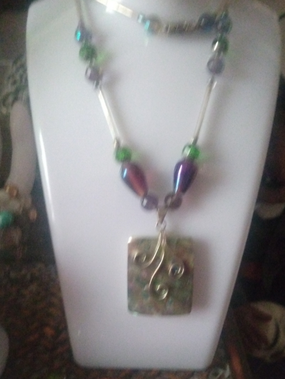 Multicolor Abalone Pendant Necklace with Green and Purple Beads
